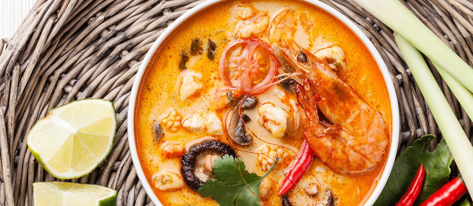 Tom yum soup with shrimp, lime, mushrooms, and herbs — the Galangal guide